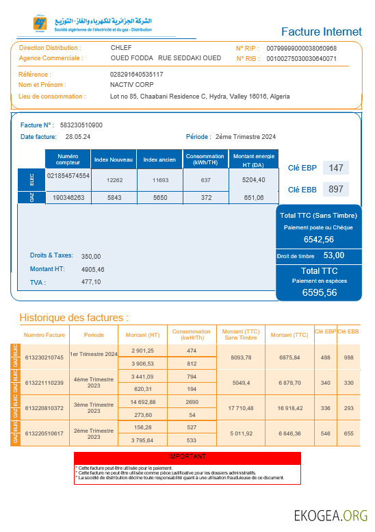 Algérie Société Algérien Distribution facture de services publics pour les entreprises Internet Modèle Word et PDF